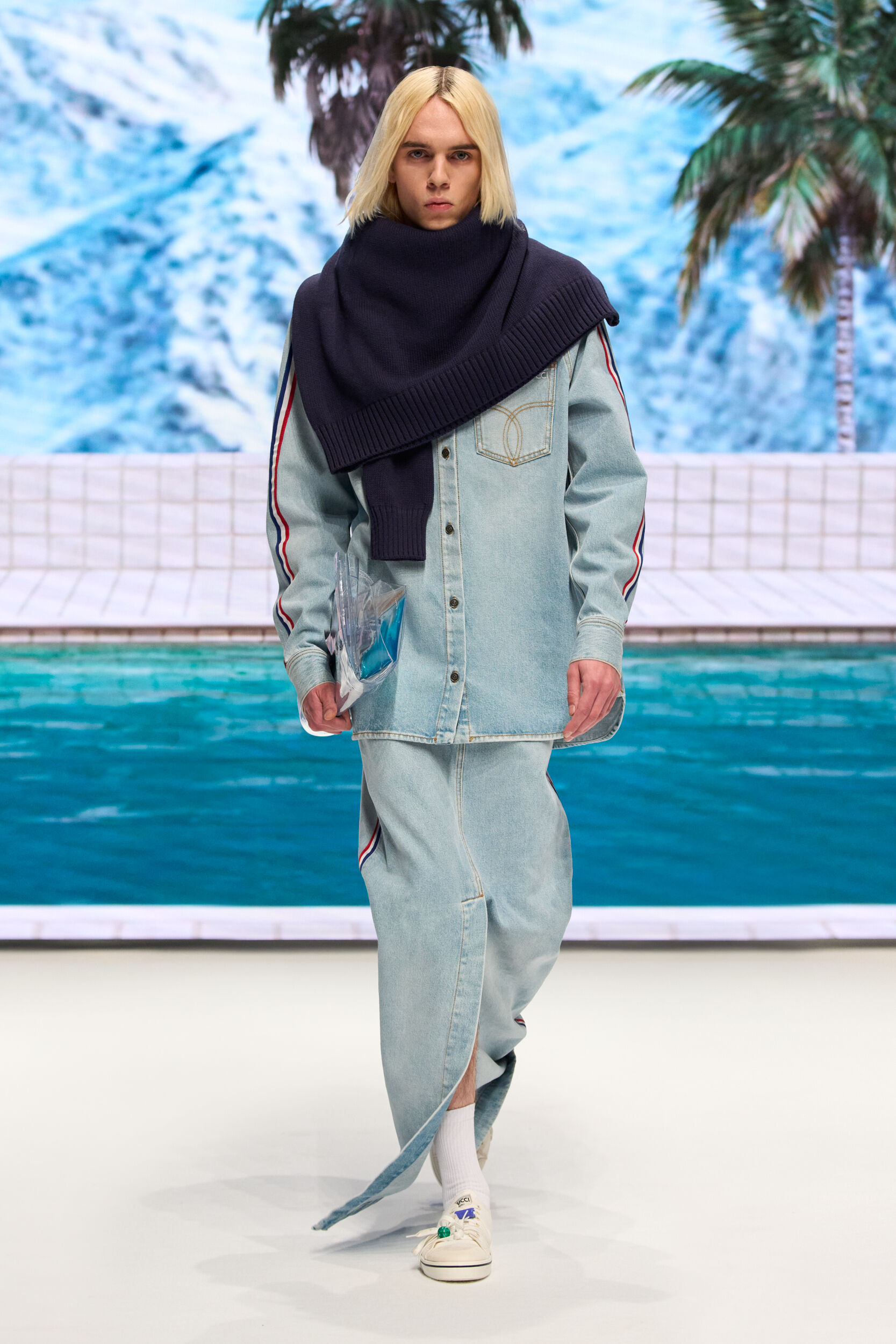 Tricolor Stripe Logo Denim Shirt Light Blue